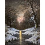 Vilhelm Leisner (1837-1910), dänischer Maler, winterlicher Wald mit glutrotem Mond,Öl/Lwd., u. re.