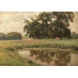 Heinrich Harder (1858-ca.1930), dt. Landschaftsmaler, baumbestandene Weide mit Tränke,Öl/Karton,