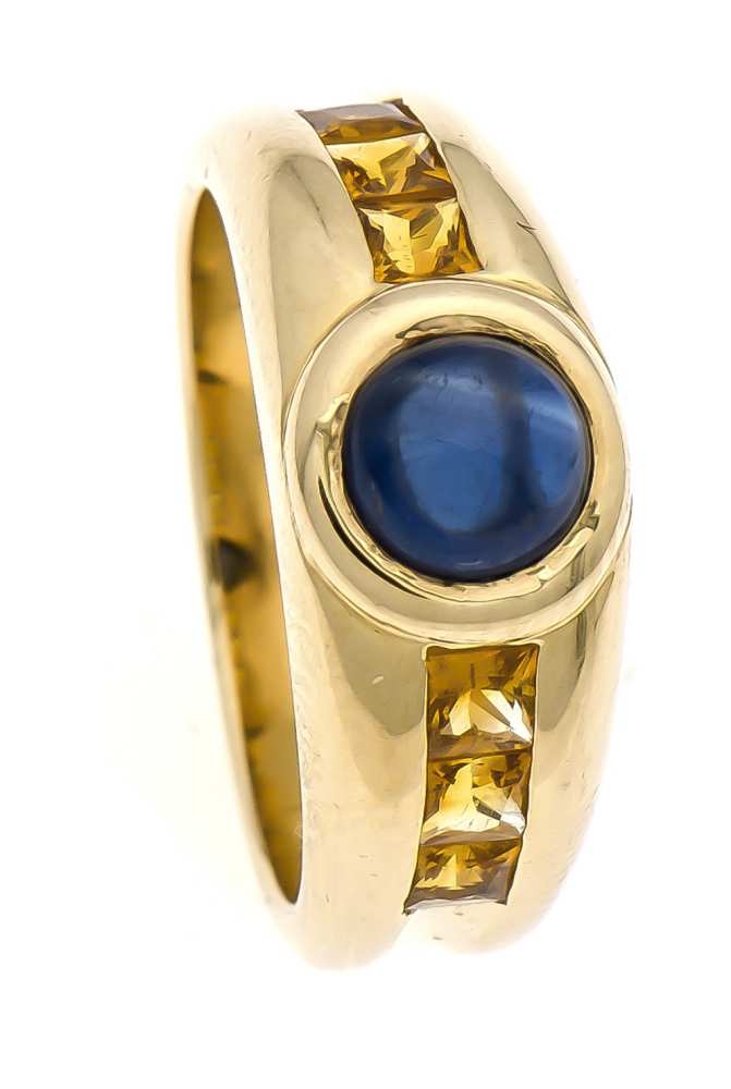 Saphir-Citrin-Ring GG 750/000 mit einem feinen Saphircabochon 6 mm in sehr guter Farbe und6 feine