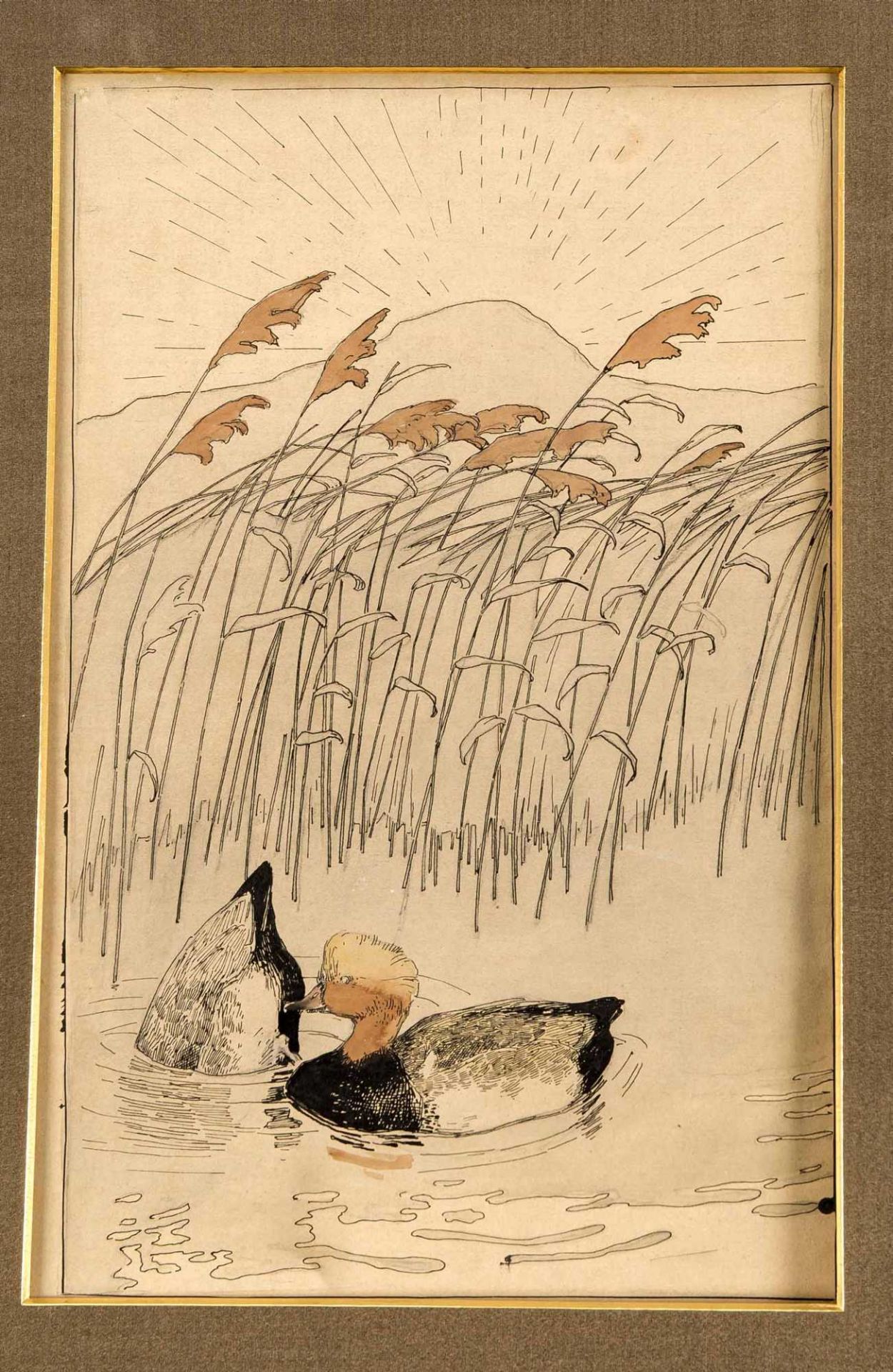 Friedrich Lissmann (1880-1915), Enten im Schilf, Federzeichnung mit Aquarell, verso weitere