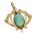 Jade-Orientperlen-Anhänger GG 585/000 um 1910 mit einem Jadecabochon 11 x 8 mm und Orientperlen,