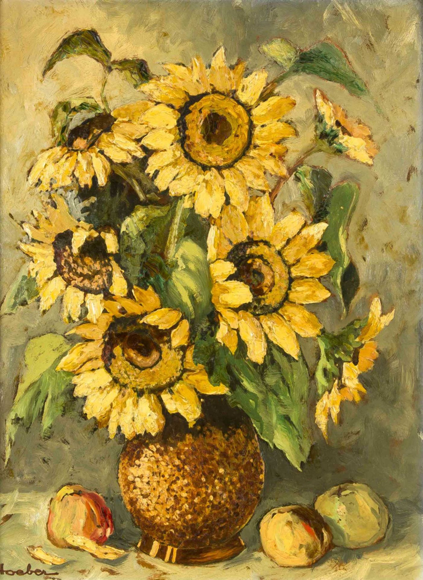 Max Markus Höber (1870-um 1950), Stillleben mit Sonnenblumen und Äpfeln, Öl auf Hartfaser, u. li.