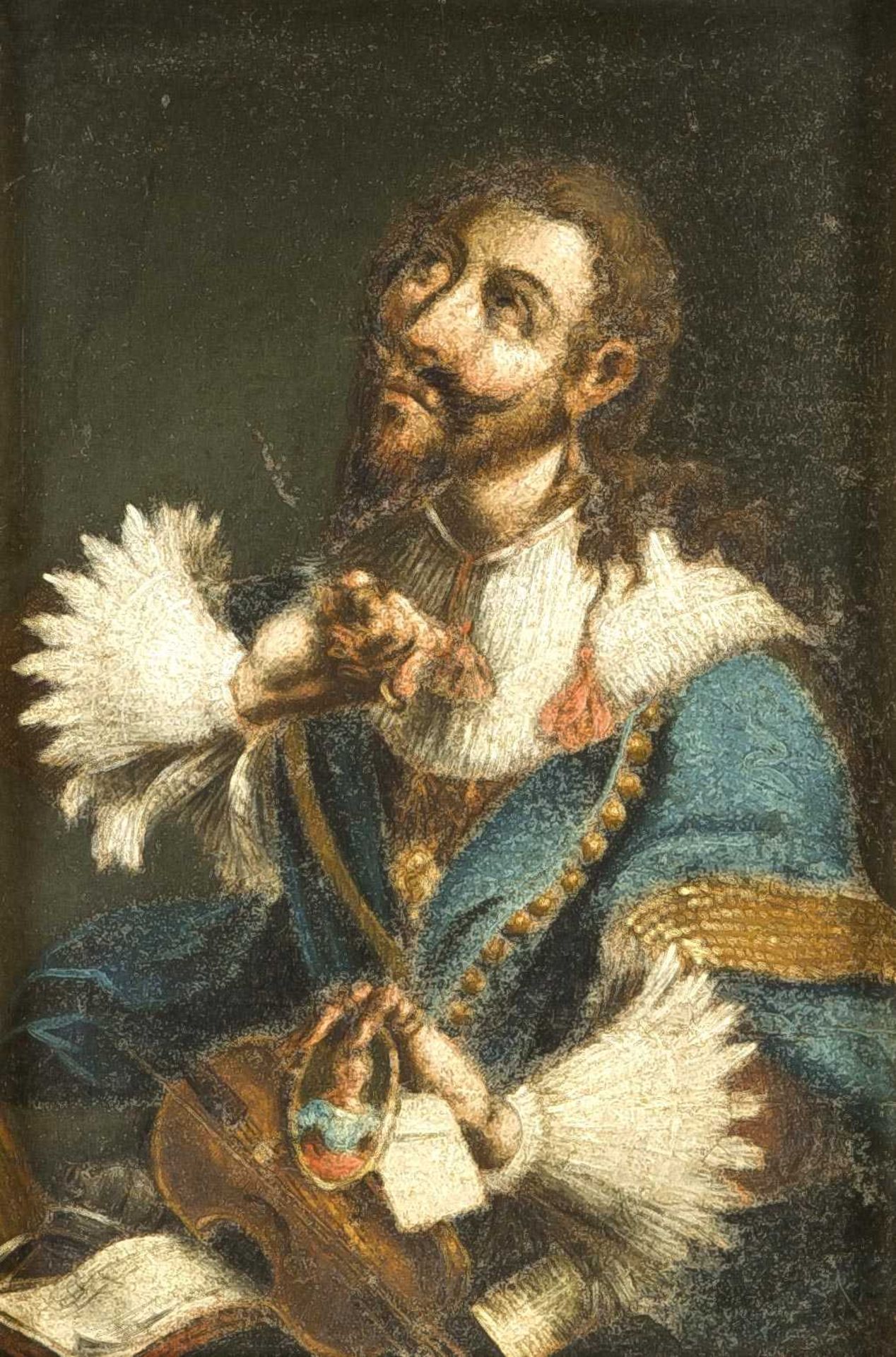 Spanischer Maler des 17. Jh., Halbfigur eines prächtig gekleideten, jungen Mannes, der sich trauernd
