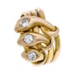 Altschliff-Brillant-Ring GG 585/000 Schlange um 1900 mit 3 Altschliff-Brillanten, zus. 0,50 ct W/SI,