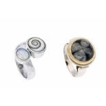 Konvolut Ringe RG/GG 585/000 mit Edelsteincabochon 14 mm, RG 64, 10,5 g, Ring WG 750/000 mit