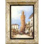 Unidentifizierter Maler des 19. Jh., Ansicht einer italienischen Stadt mit Turm und Staffagefiguren,