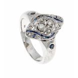 Altschliff-Diamant-Diamantrosen-Saphir-Ring WG 585/000 mit 2 Altschliff-Diamanten, zus. 0,10 ct