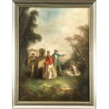 Maler des 19. Jh., galante Rokokogesellschaft im Park nach Watteau, Öl/Lwd., unsign., ber., 65 x