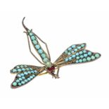 Rubin-Türkis-Brosche Libelle Doublé mit 2 syn. Rubincabochons und Türkiscabochons 4 - 2 mm, L. 50