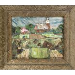 Unidentifizierter Expressionist um 1910, Blick über Felder auf eine Kirche, Öl/Karton, u. re.