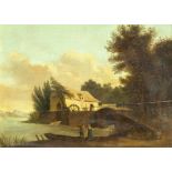 Landschaftsmaler des 19. Jh., Ansicht einer Wassermühle mit Staffagefiguren, Öl/Holz, unsign.,