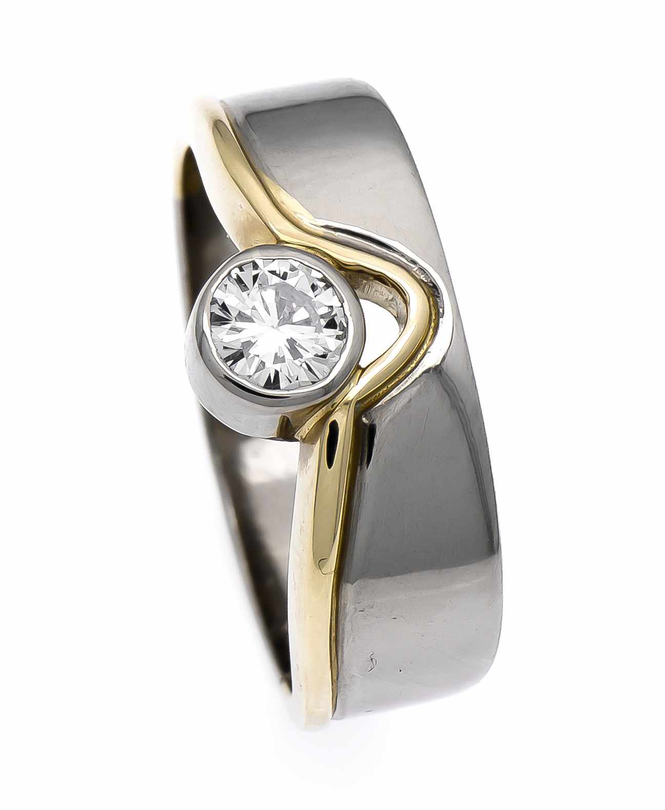 Brillant-Ring GG/WG 750/000 mit einem Brillanten 0,50 ct TW/lupenrein, RG 59, 8,5 g, Handarbeit