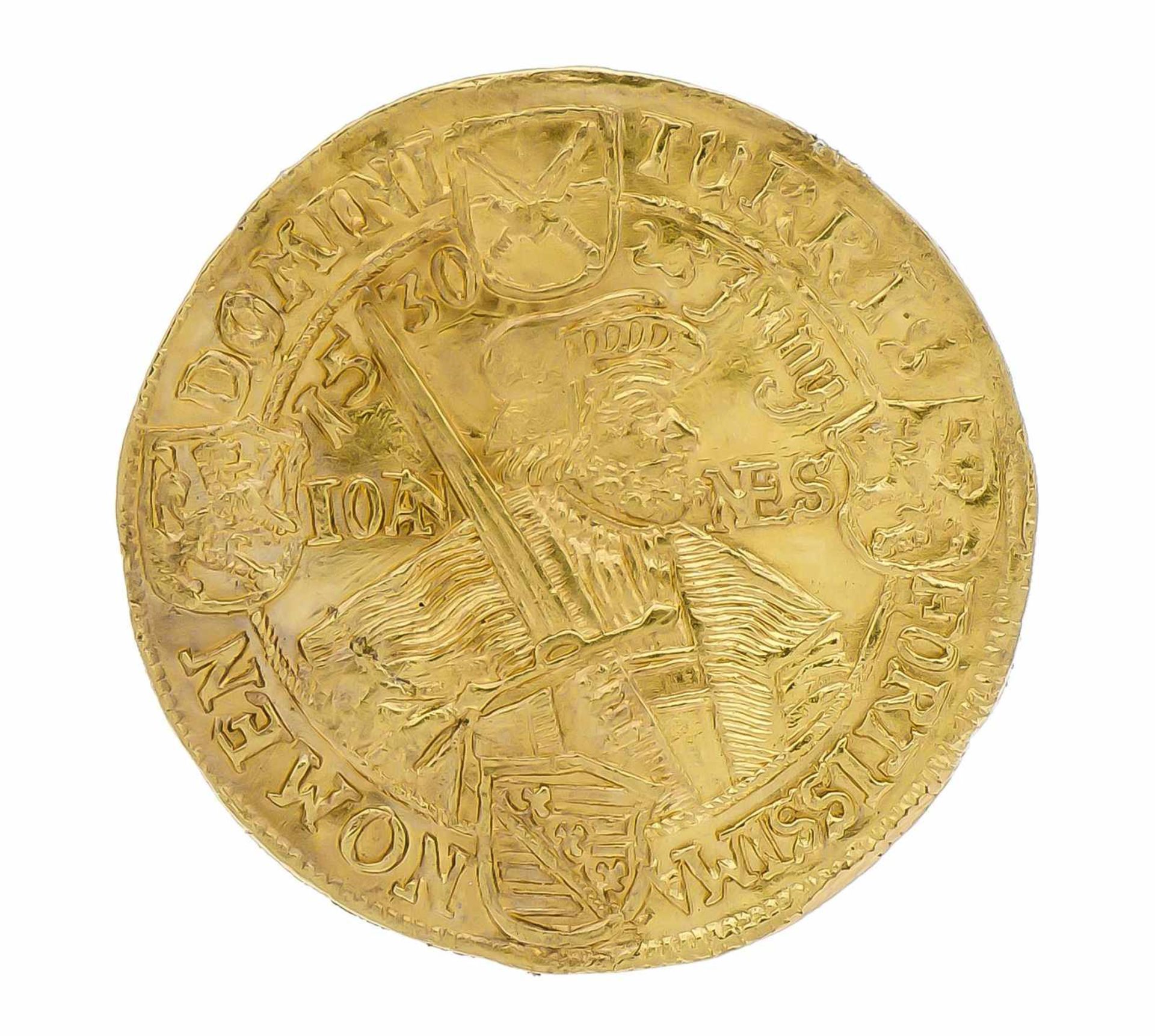 Gold-Dukat 1630 Sachsen, Johann Georg I., Auf das Augsburger Konfessionsjubiläum, C./K. 315, - Image 2 of 2
