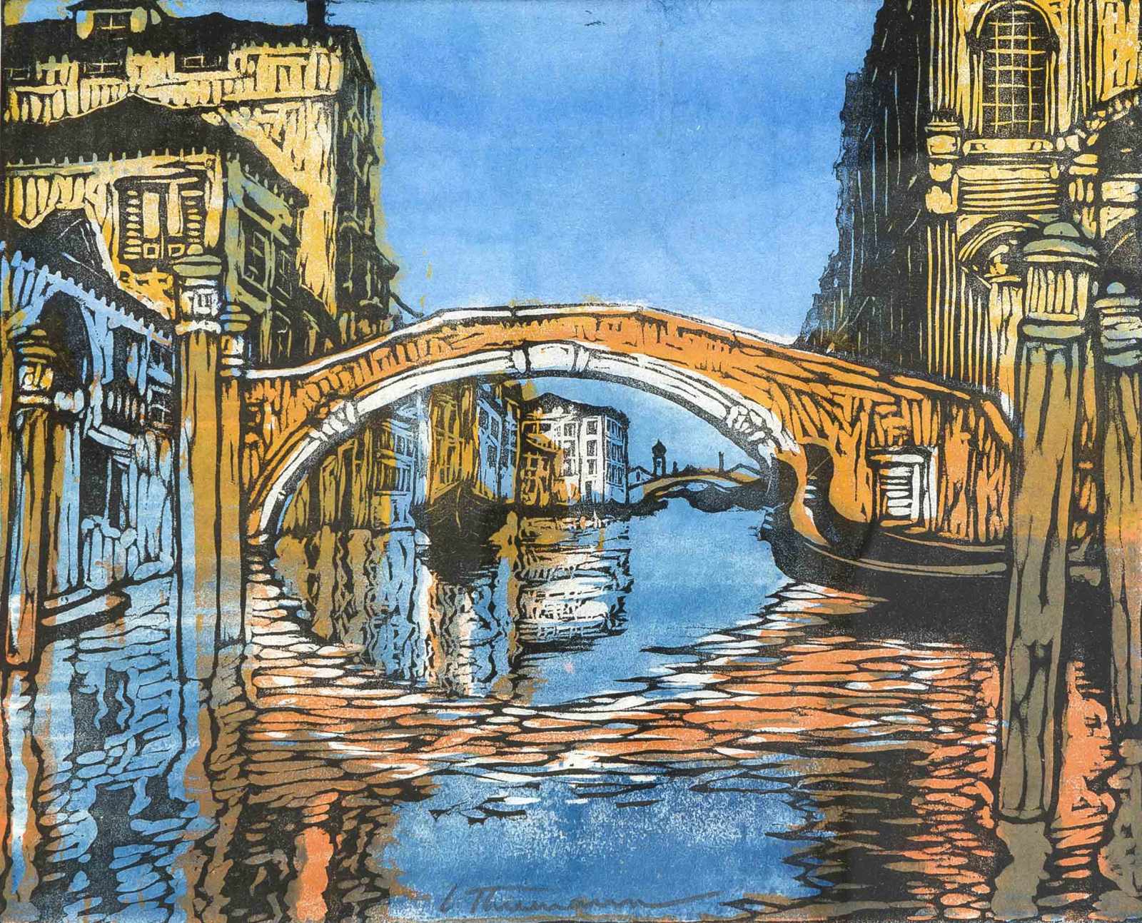 Carl Thiemann (1881-1966), Brücke in Venedig, Farbholzschnitt, u. mi. in der Darstellung mit