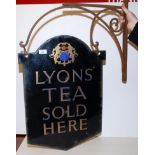 ENAMELLED SIGN "LYON'S TEA SOLD HERE" COMPLETE WITH HANGING WALL BRACKET  HT.