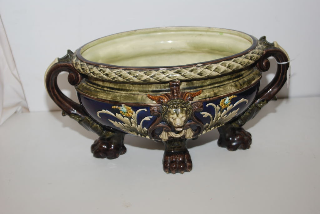 VICTORIAN MAJOLICA TYPE OVAL JARDINIERE WITH LION PAW FOOT (RESTORATION)