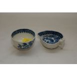 A CAUGHLEY BLUE AND WHITE MINIATURE BOWL AND SMALL LEAF BUTTER BOAT,