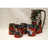 FOUR 20TH CENTURY ORIENTAL POTTERY MUGS AND MATCHING JUG