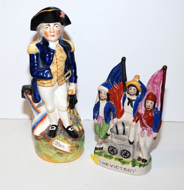 19TH CENTURY NELSON STAFFORDSHIRE JUG AND 20TH CENTURY FLAT-BACK "THE VICTORY" \