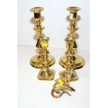 TWO PAIRS OF 19TH CENTURY BRASS CANDLESTICKS ALONG WITH A BRASS LIZARD PAPER WEIGHT