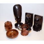 THREE HARD-WOOD AFRICAN WOOD CARVINGS, TOBACCO  JAR,