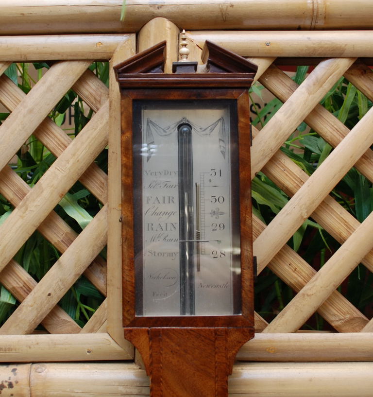 A GEORGE III STICK BAROMETER BY NICHOLSON OF NEWCASTLE, MAHOGANY CASE INLAID WITH SHELL, - Image 2 of 2