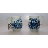 A PAIR OF WORCESTER BLUE AND WHITE TANKARDS OF BALUSTER FORM, PRINTED WITH A FENCED GARDEN PATTERN,