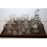 A GEORGE III GLASS TUMBLER ALONG WITH TRAY OF EARLY GLASS TO INCLUDE 19TH CENTURY DECANTER