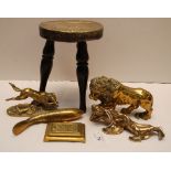 FIVE BRASS ITEMS TO INCLUDE ARTICULATED FISH STAMP BOX, LION, HUNTING DOG,