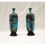 PAIR OF BLUE ENAMEL CLOISONNE VASES DECORATED WITH TREES AND FLOWERS,