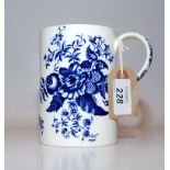 A WORCESTER BLUE AND WHITE TANKARD OF CYLINDRICAL FORM TRANSFER PRINTED WITH PINE CONE PATTERN,