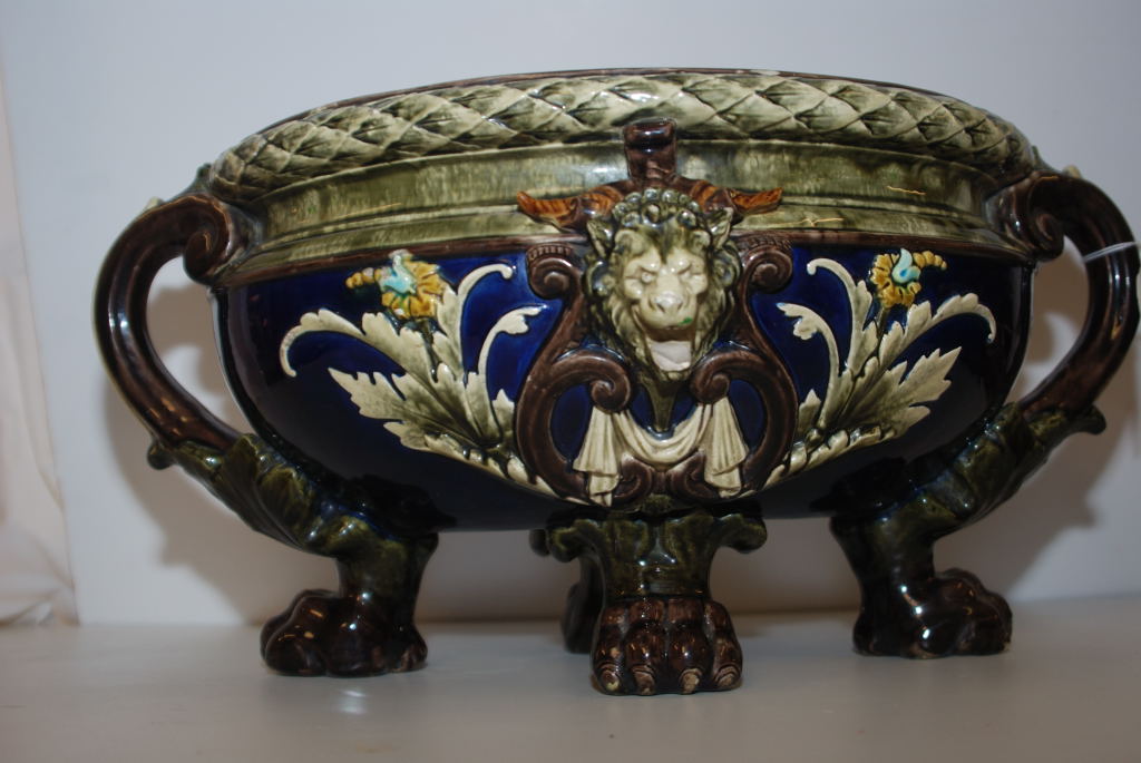 VICTORIAN MAJOLICA TYPE OVAL JARDINIERE WITH LION PAW FOOT (RESTORATION) - Image 2 of 3