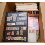 BOX WITH GB HIGH VALUE AND OTHER FDC, VARIOUS IN SMALL STOCKBOOKS AND LOOSE, COMMONWEALTH ETC.