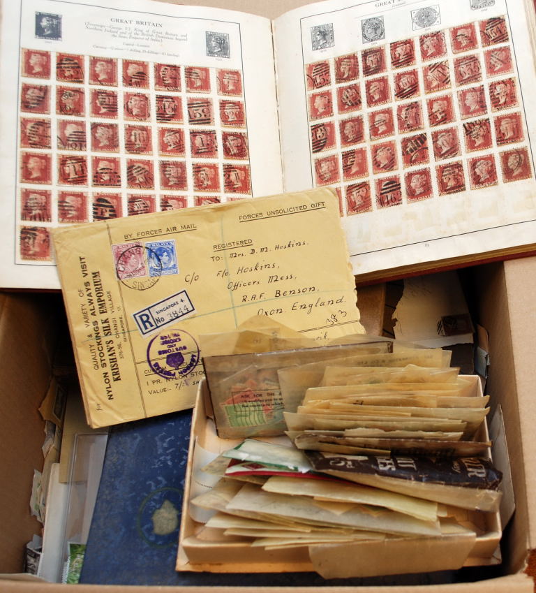 BOX WITH OLD TIME FAMILY COLLECTIONS IN SIX ALBUMS AND LOOSE, GB 1d REDS, FRANCE,