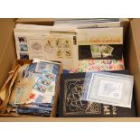 BOX OF VARIOUS IN ALBUMS AND LOOSE, GB WITH PRESENTATION PACKS ETC.