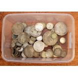 SMALL TUB MAINLY GB SILVER COINS INCLUDING 1887 DOUBLE FLORIN, 1937 CROWN ETC.