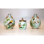 PAIR OF MINTONS BIRD DECORATED MOON FLASK VASES ON A DUCK EGG BLUE GROUND AND A SIMILAR BELIEVED