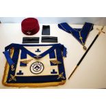A COLLECTION OF MASONIC REGALIA TO INCLUDE DRESS SWORD, APRONS, JEWELS, HAT ETC.
