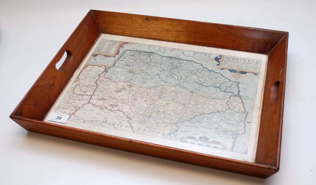 A TRAY FRAMING A MAP OF SAXON'S NORFOLK, ENGRAVED KIP, 18TH CENTURY,