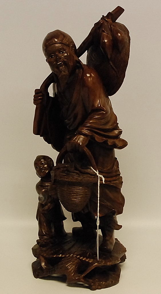 A MODERN ORIENTAL CARVED HARD-WOOD FIGURE OF A MAN AND CHILD, - Image 2 of 4