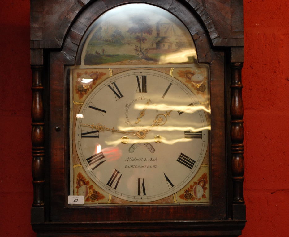 19TH CENTURY MAHOGANY LONG CASE CLOCK WITH PAINTED ARCH DIAL MARKED ALLDRILL AND ASH, - Image 2 of 2