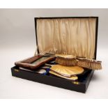 FIVE PIECE ENAMELLED BACK SILVER BRUSH SET (YELLOW) AND A SILVER PHOTOGRAPH FRAME AND CASED 3 PIECE