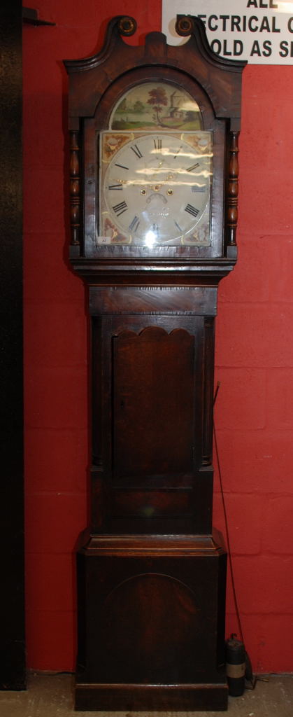 19TH CENTURY MAHOGANY LONG CASE CLOCK WITH PAINTED ARCH DIAL MARKED ALLDRILL AND ASH,
