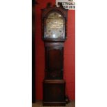 19TH CENTURY MAHOGANY LONG CASE CLOCK WITH PAINTED ARCH DIAL MARKED ALLDRILL AND ASH,