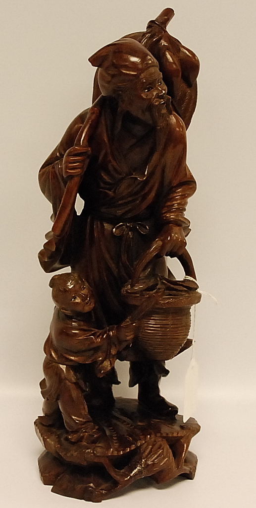 A MODERN ORIENTAL CARVED HARD-WOOD FIGURE OF A MAN AND CHILD,