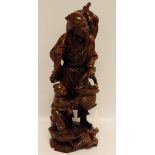 A MODERN ORIENTAL CARVED HARD-WOOD FIGURE OF A MAN AND CHILD,