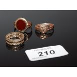 A 9CT GOLD CARNELIAN SIGNET RING , TWO 9CT GOLD RINGS, ONE SET WITH SMALL STONES,