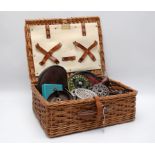 WICKER BASKET AND CONTENTS, VINTAGE FISHING REELS AND FLIES, INCLUDING CHARLES ALVEY AND SON,