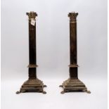 PAIR OF ANTIQUE SILVER PLATED COLUMN LAMPS.