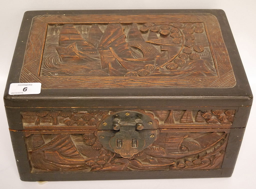 AN ORIENTAL CARVED HARDWOOD BOX FITTED WITH A LIFT OUT TRAY